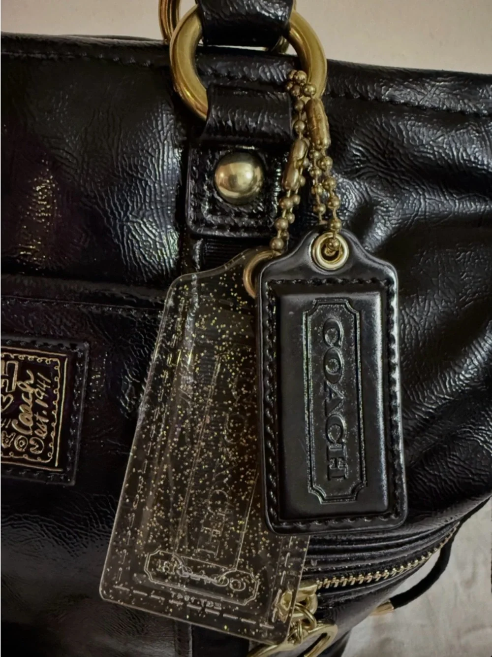 Coach Poppy Black Liquid Gloss Shoulder Bag w/ Glitter Tag & Dust Bag